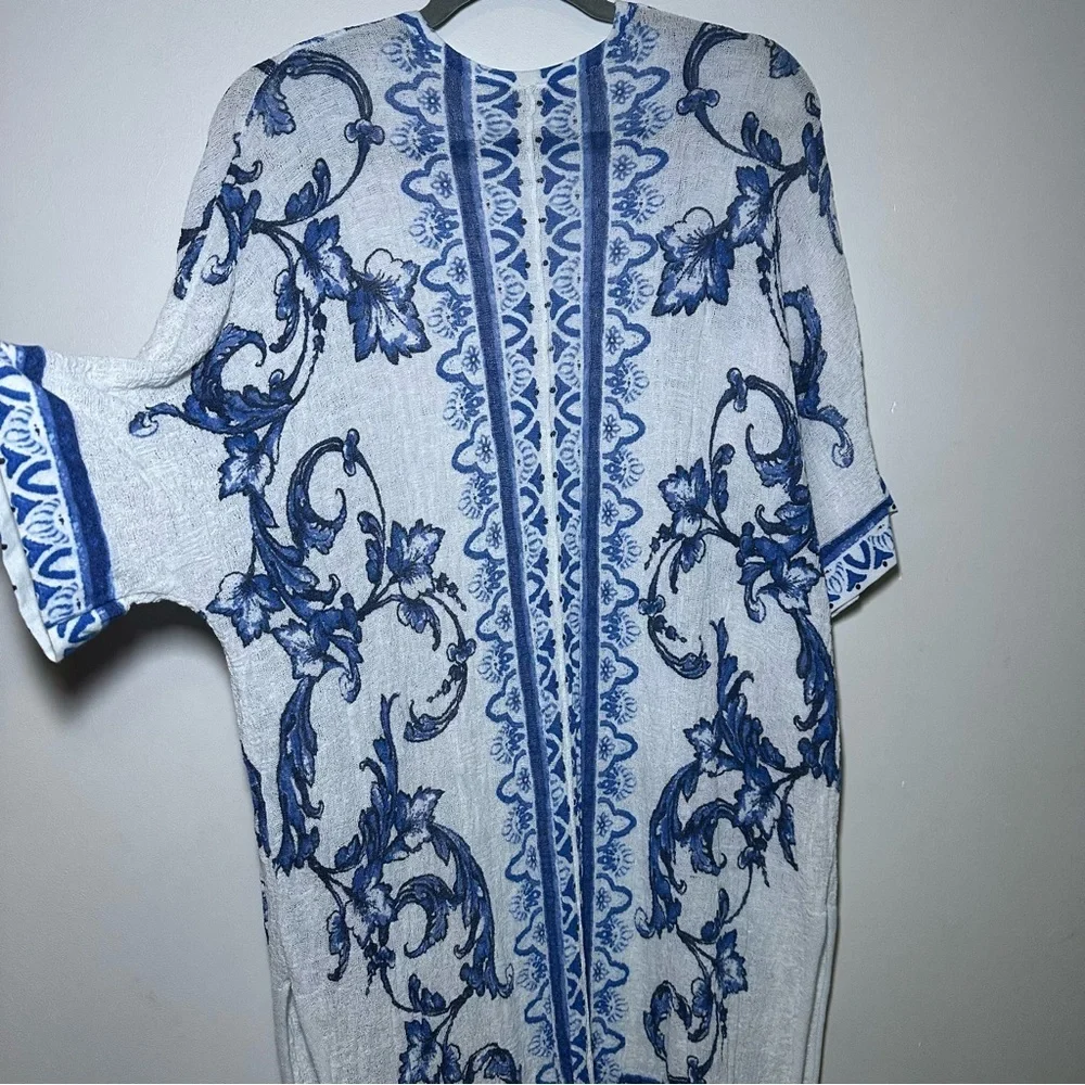 Chico’s Blue White Boho Lightweight Gauzy Longline Open Front Cardigan Kimono